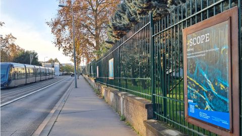 La microscopie s'expose sur les grilles du campus de Talence de l'université de Bordeaux, ici face au jardin Peixotto